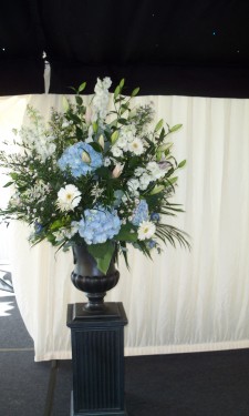 Large urn arrangement with Hydrangea, gerbera, astilbe, lily and September flower