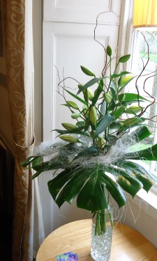 Oriental lilies, monstera leaves and sisal at The Grove St Davids
