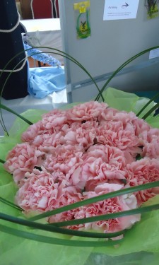 Pink carnations with steel grass loops and green organza